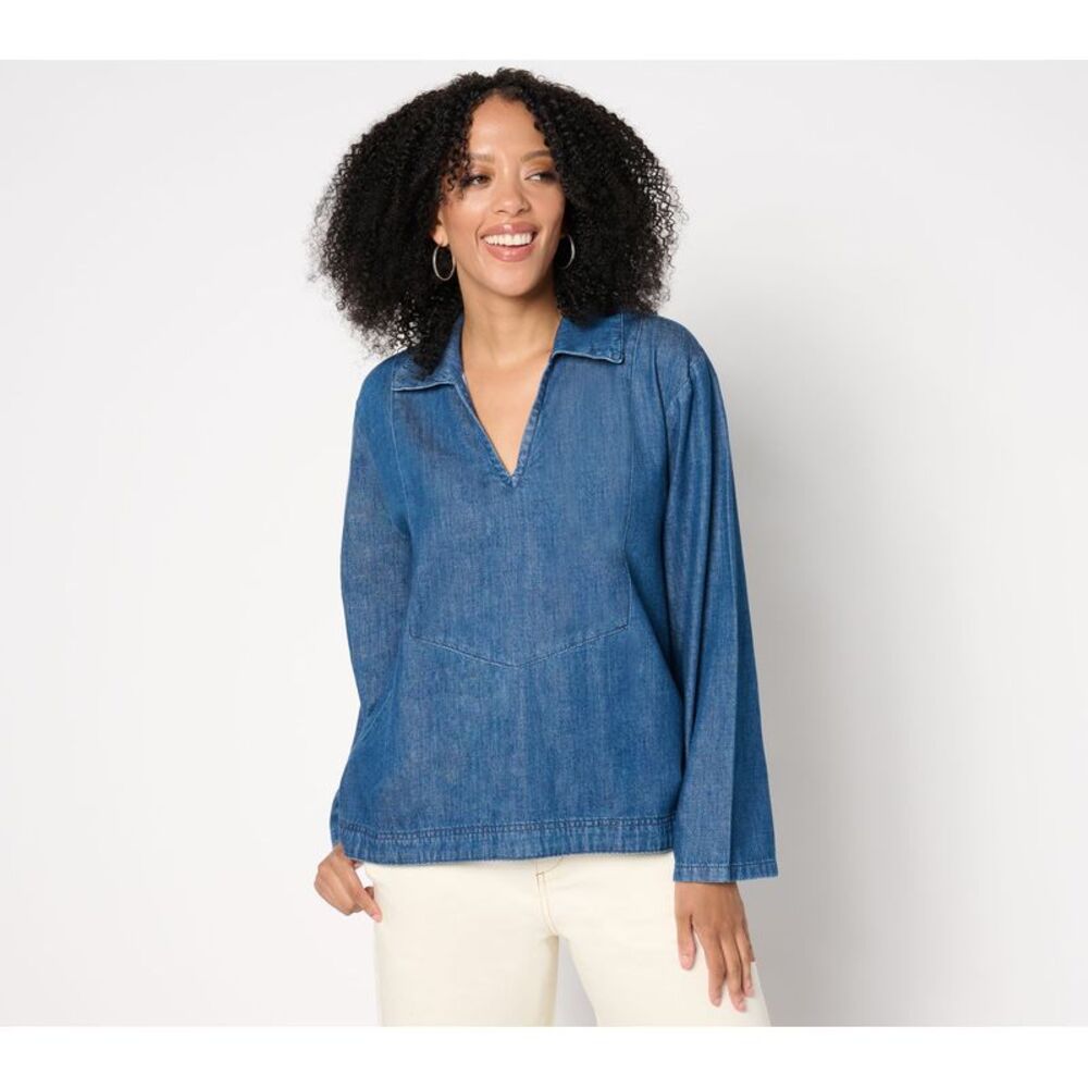 Wacoal Women's Top Sz XL Eden Drapey Denim Popover Blouse Blue A663652